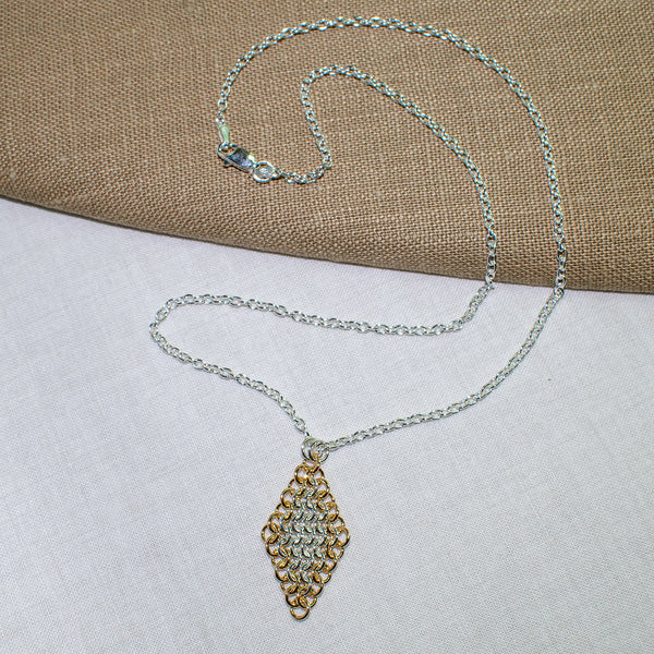 Sterling silver and gold-filled European 4-in-1 chain maille pendant, diamond shape on sterling cable chain