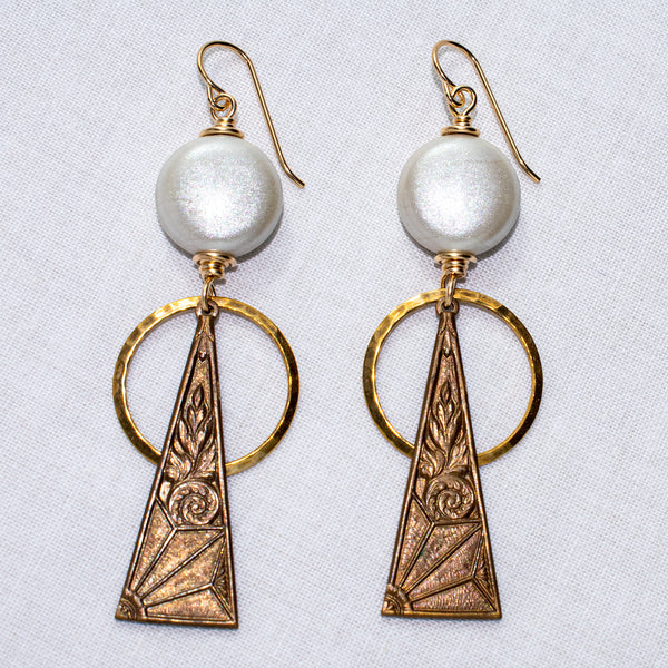 Ada brass Art Deco earrings with ivory luster art glass beads