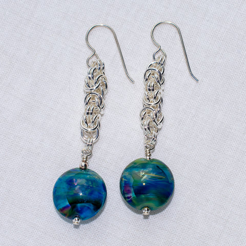 Meara silver chain maille earrings with blue art glass beads