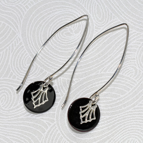 Art Deco style earrings with sterling silver fan charms, black enameled copper discs, and sterling silver designer earwires