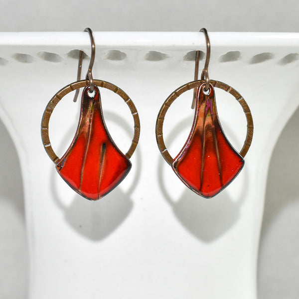 Vermilion brass Art Deco earrings with red enameled copper