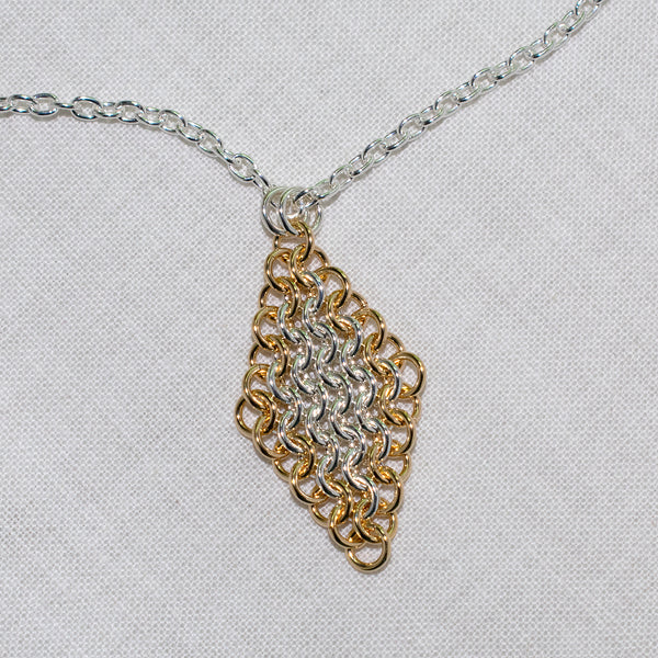 Sterling silver and gold-filled European 4-in-1 chain maille pendant, diamond shape on sterling cable chain