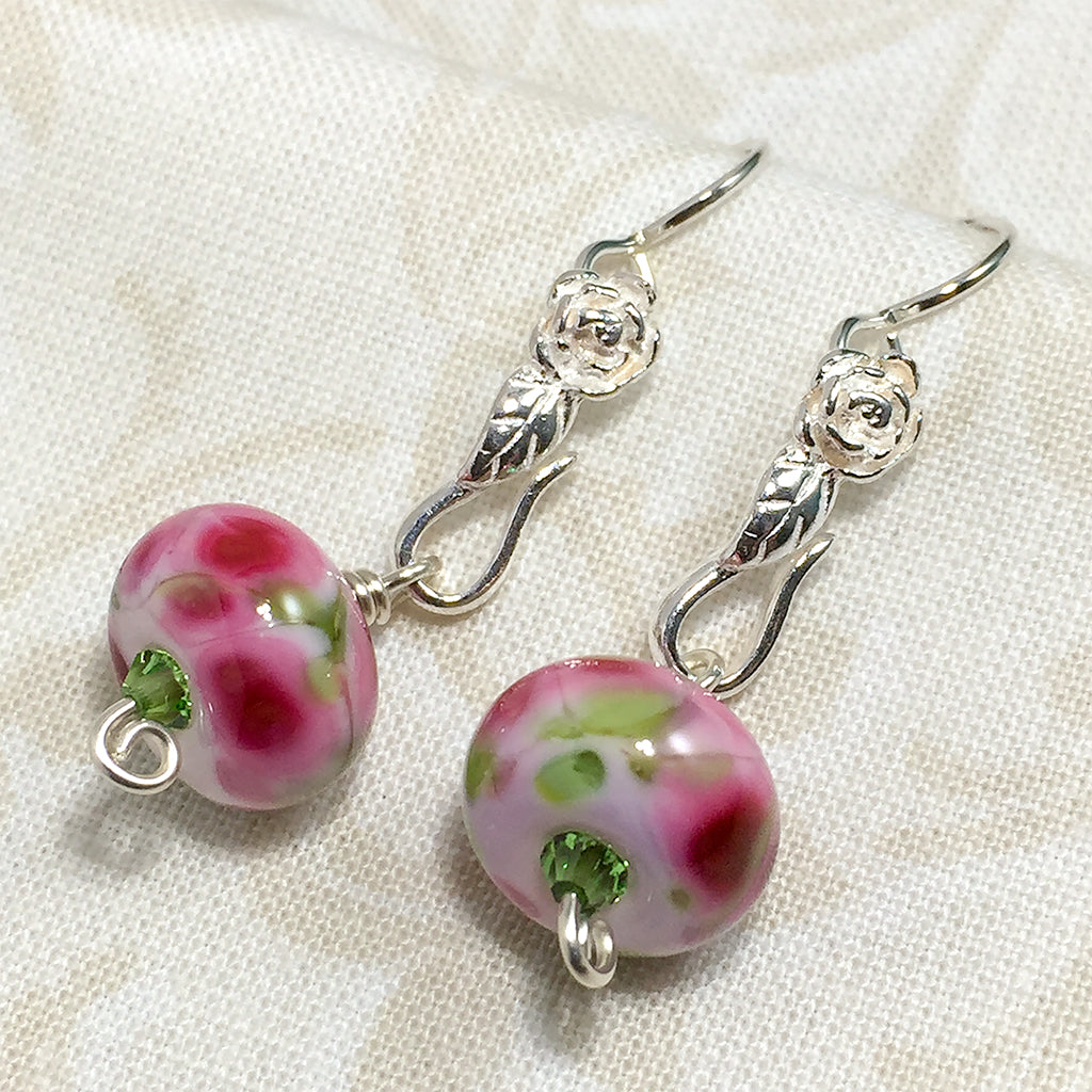Sterling earrings with pink Impressionist-style art glass beads and silver roses