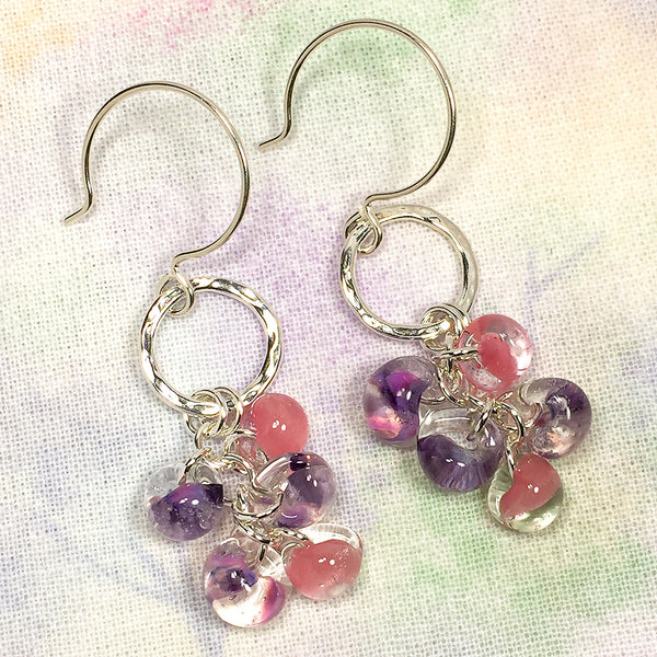 Sterling and fine silver earrings with pink and purple glass teardrop beads