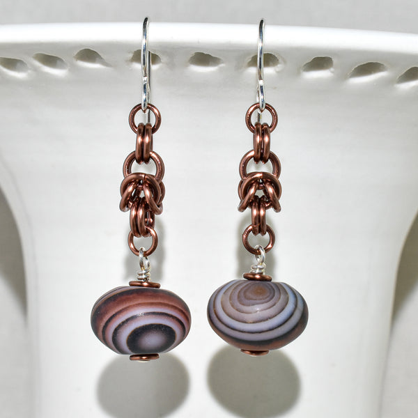 Cinnamon antiqued copper chain maille earrings with Botswana agate