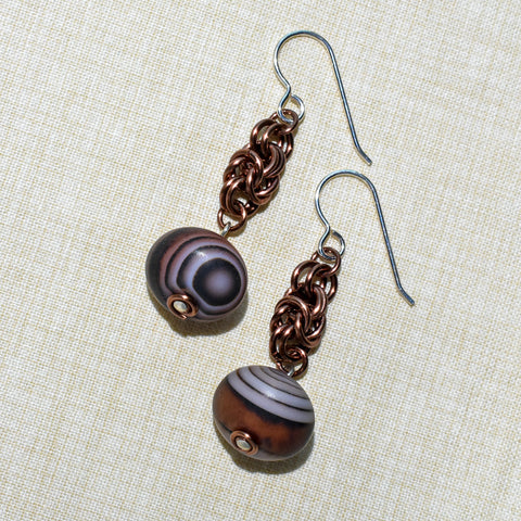 Cinnamon antiqued copper chain maille earrings with Botswana agate