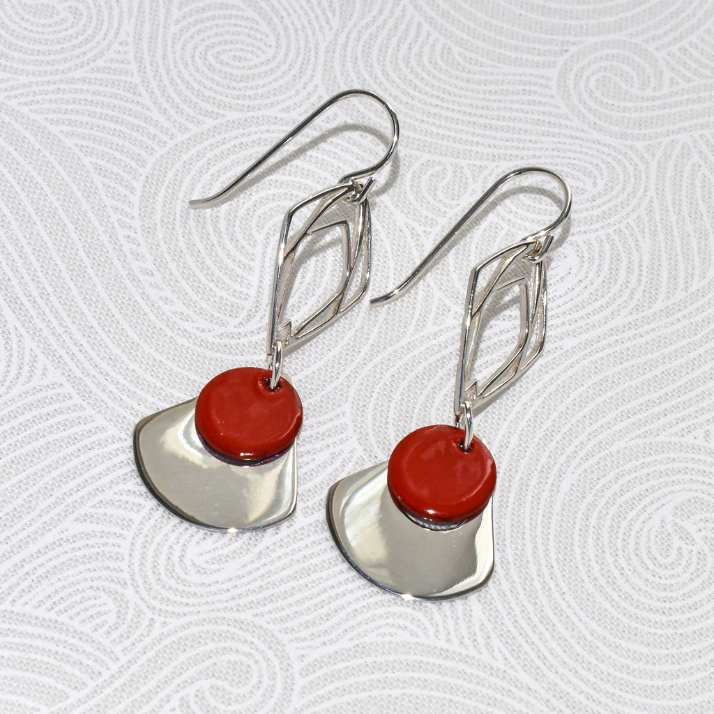 Justine silver Art Deco earrings with red enameled copper