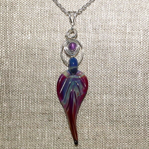 Sterling necklace with cranberry red art glass leaf pendant and amethyst bead