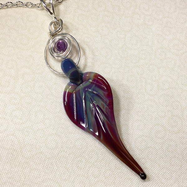 Sterling necklace with cranberry red art glass leaf pendant and amethyst bead