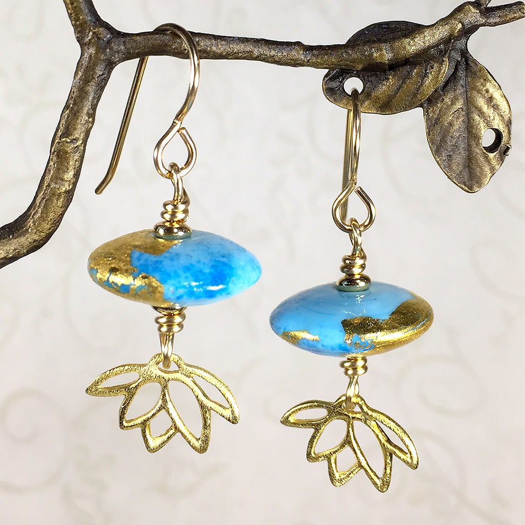 Gold Lotus earrings with blue art glass beads – Elfin Rabbit Artisan ...