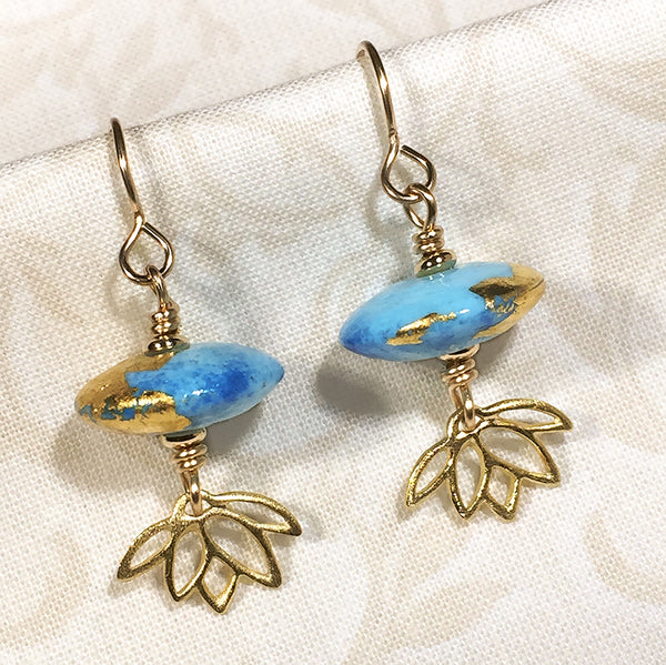 Gold Lotus earrings with blue art glass beads – Elfin Rabbit Artisan ...