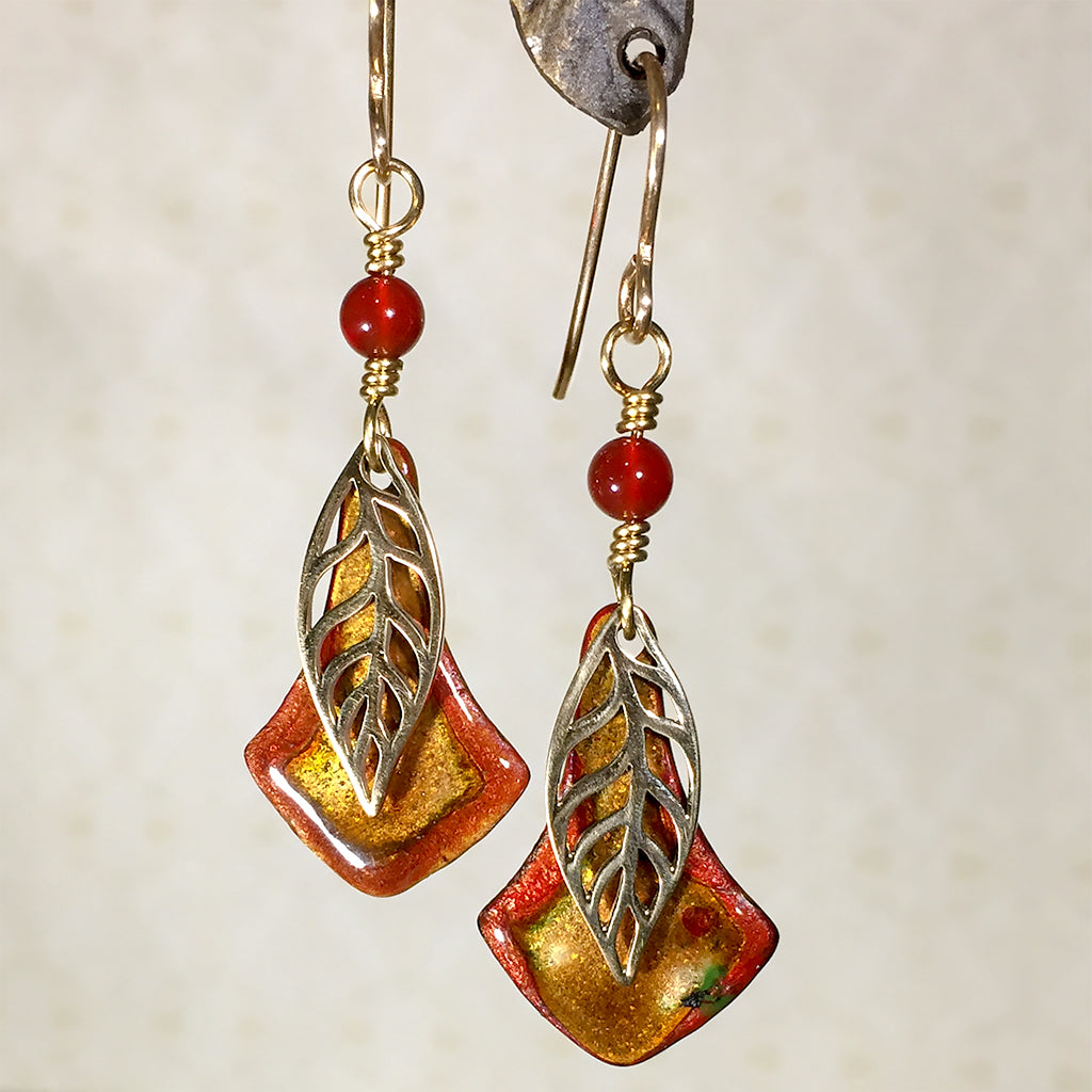 Harbor Springs earrings with bronze leaves, carnelian, and enameled ...