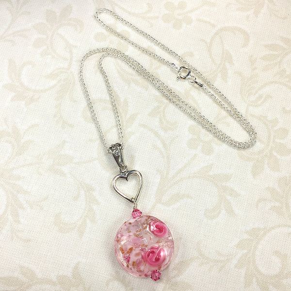 Sterling necklace with heart charm and Venetian bead with pink roses