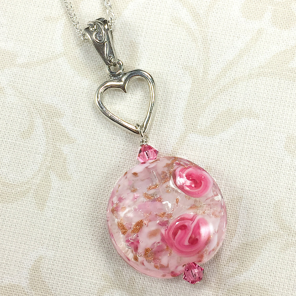 Sterling necklace with heart charm and Venetian bead with pink roses