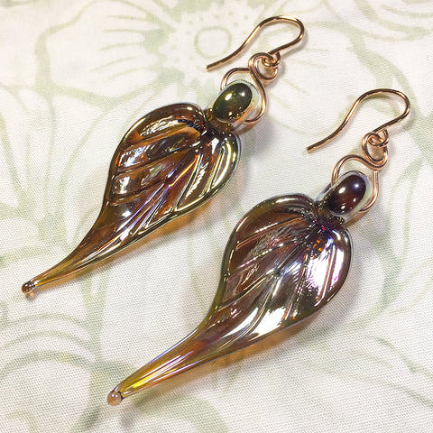 Rose gold-filled earrings with gold/amber metallic art glass leaf charms