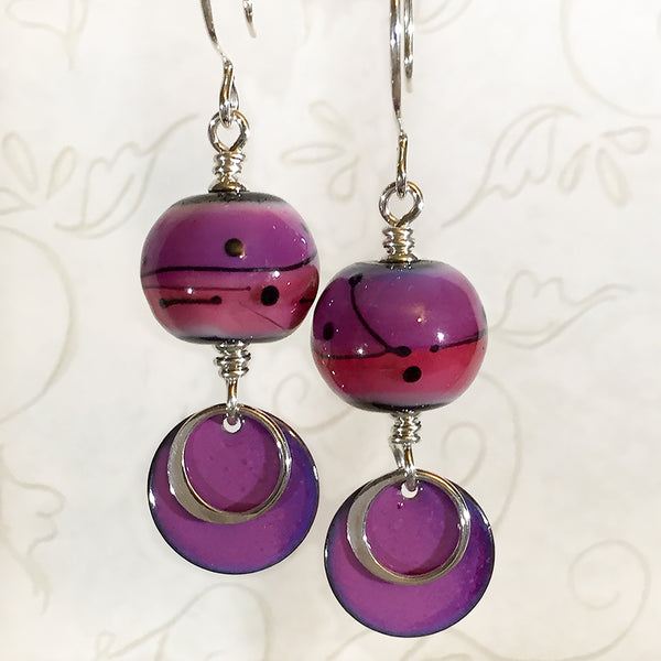 Sterling earrings with purple and pink art glass mod style art glass beads and purple enameled copper charms