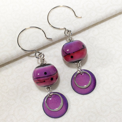 Sterling earrings with purple and pink art glass mod style art glass beads and purple enameled copper charms
