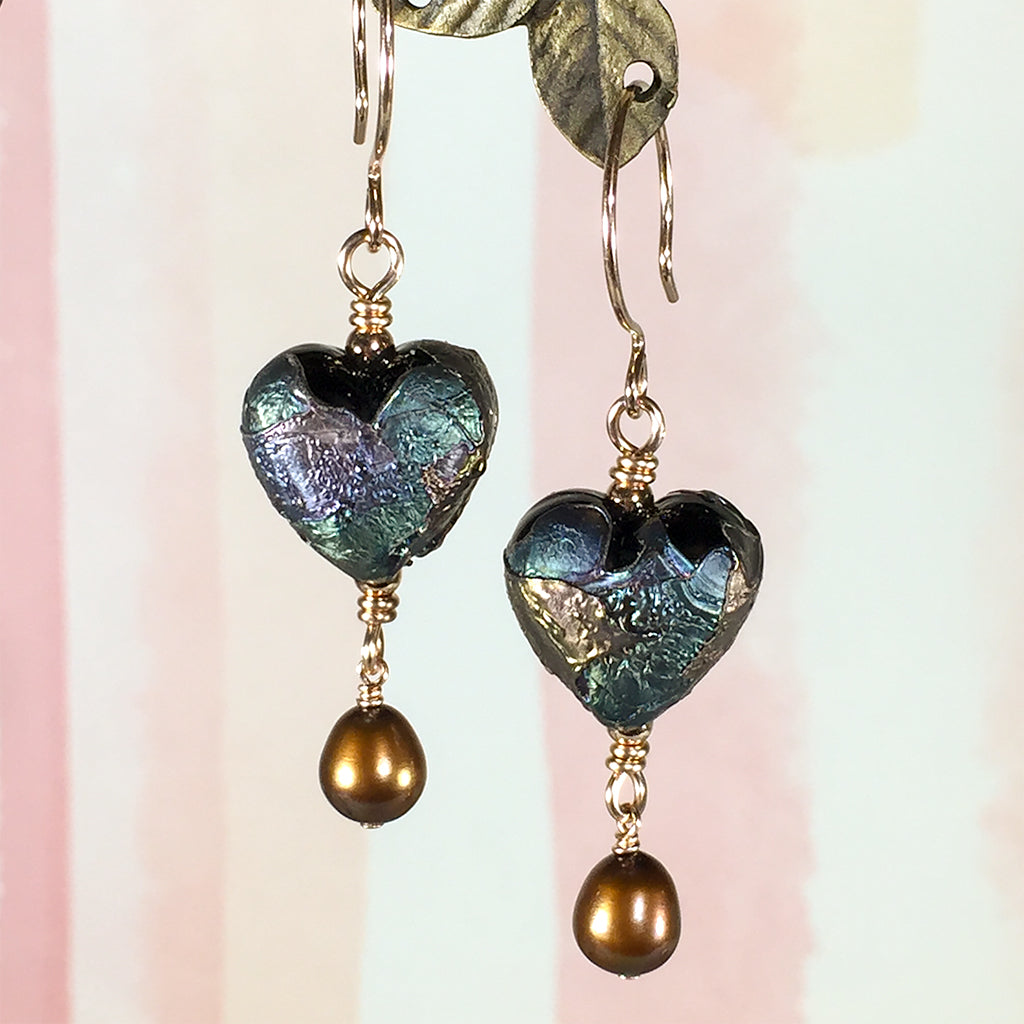 Raku glass heart earrings with rose gold and bronze pearls – Elfin ...