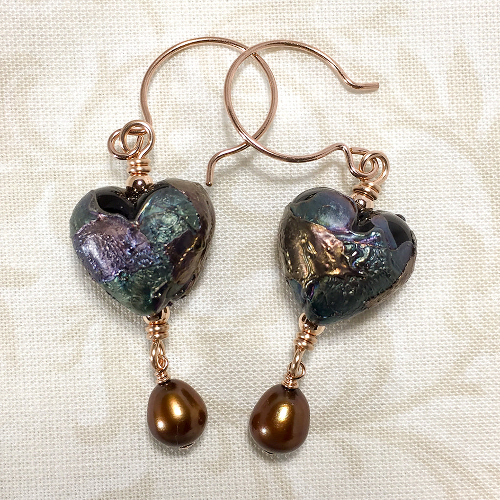 Rose gold-filled earrings with raku-like art glass heart beads and bronze freshwater pearls