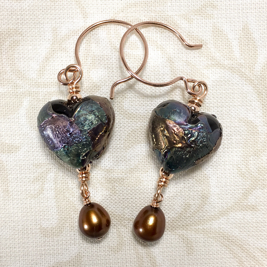 Raku glass heart earrings with rose gold and bronze pearls – Elfin ...