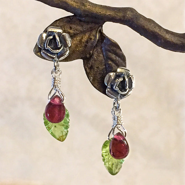 Sterling rose post earrings with pink tourmaline beads and carved peridot leaves