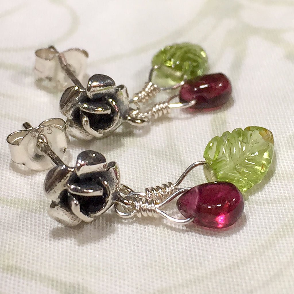 Sterling rose post earrings with pink tourmaline beads and carved peridot leaves