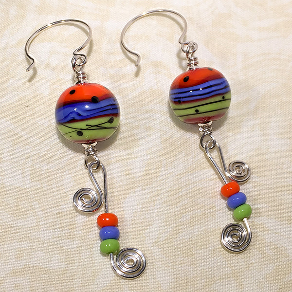 Sterling earrings with orange/blue/green mod style art glass beads and wire & bead spirals