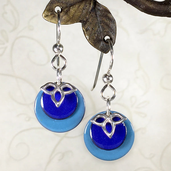 Sterling earrings with blue enameled copper charms and silver trillium charms