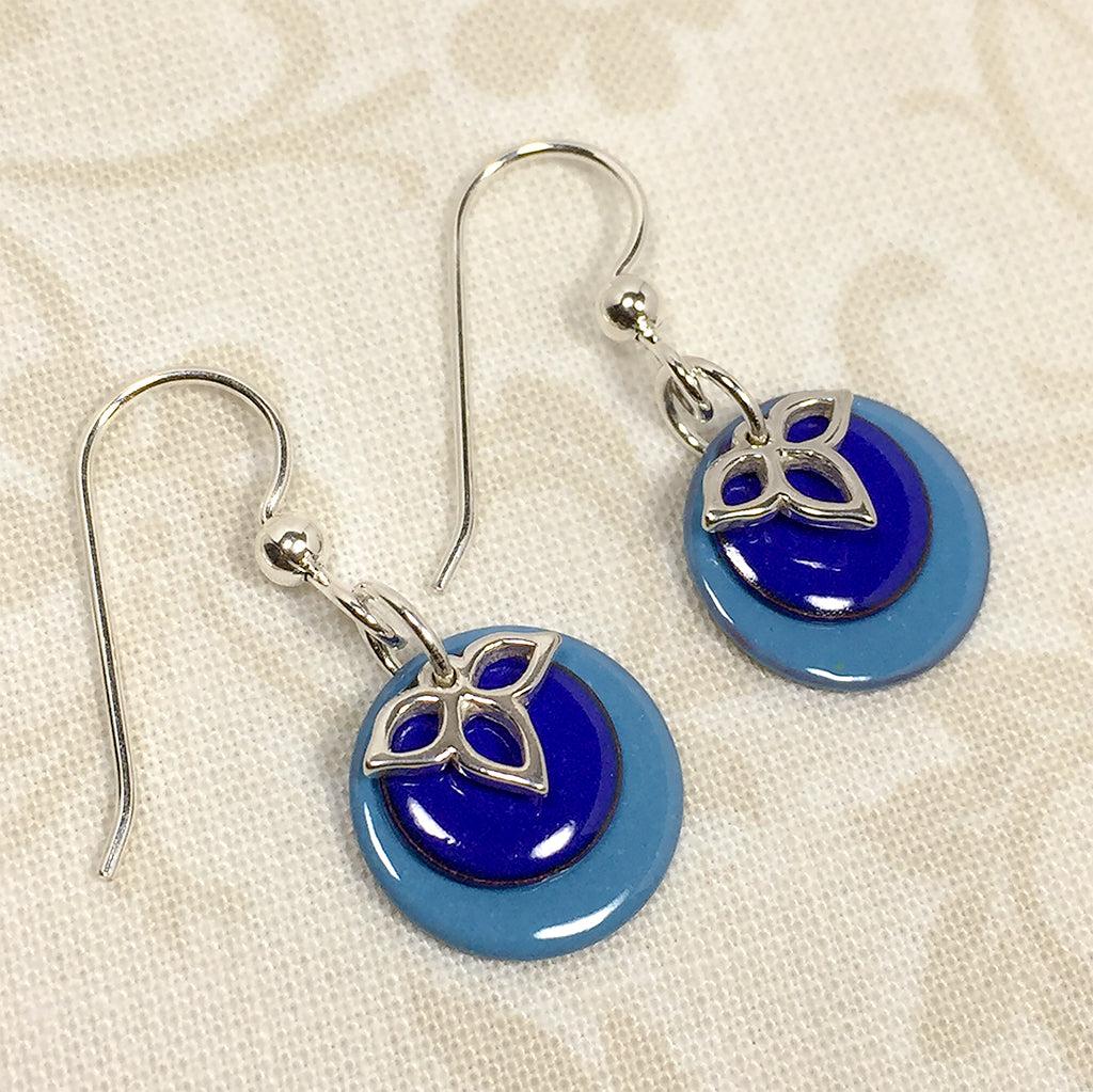 Sterling earrings with blue enameled copper charms and silver trillium charms