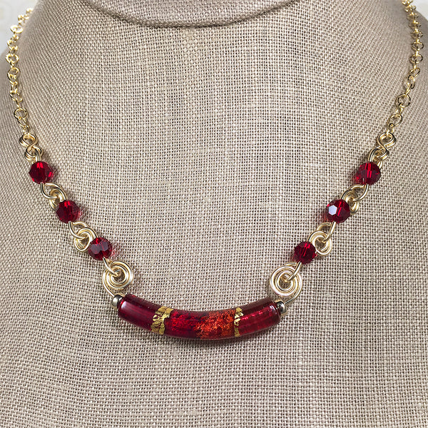 Valeria necklace with red and gold Venetian bead and gold spirals