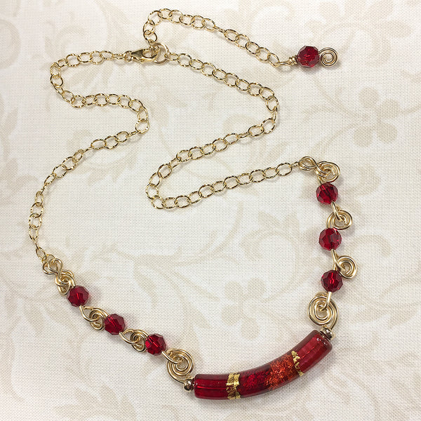 Valeria necklace with red and gold Venetian bead and gold spirals