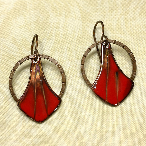 Vermilion brass Art Deco earrings with red enameled copper – Elfin ...