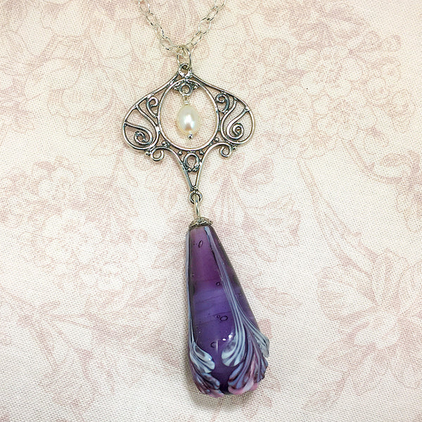 Violette necklace with purple Art Nouveau style art glass bead – Elfin ...