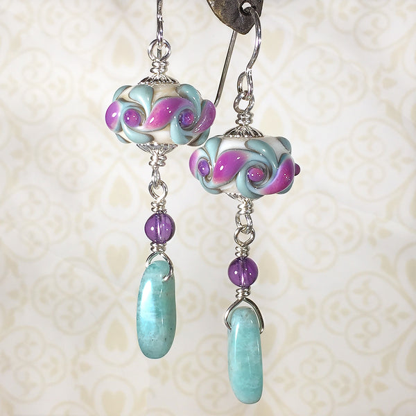 Sterling earrings with purple and aqua vortex pattern art glass beads, amethyst, and amazonite