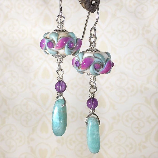 Vortex earrings with art glass beads, amethyst, and amazonite – Elfin ...