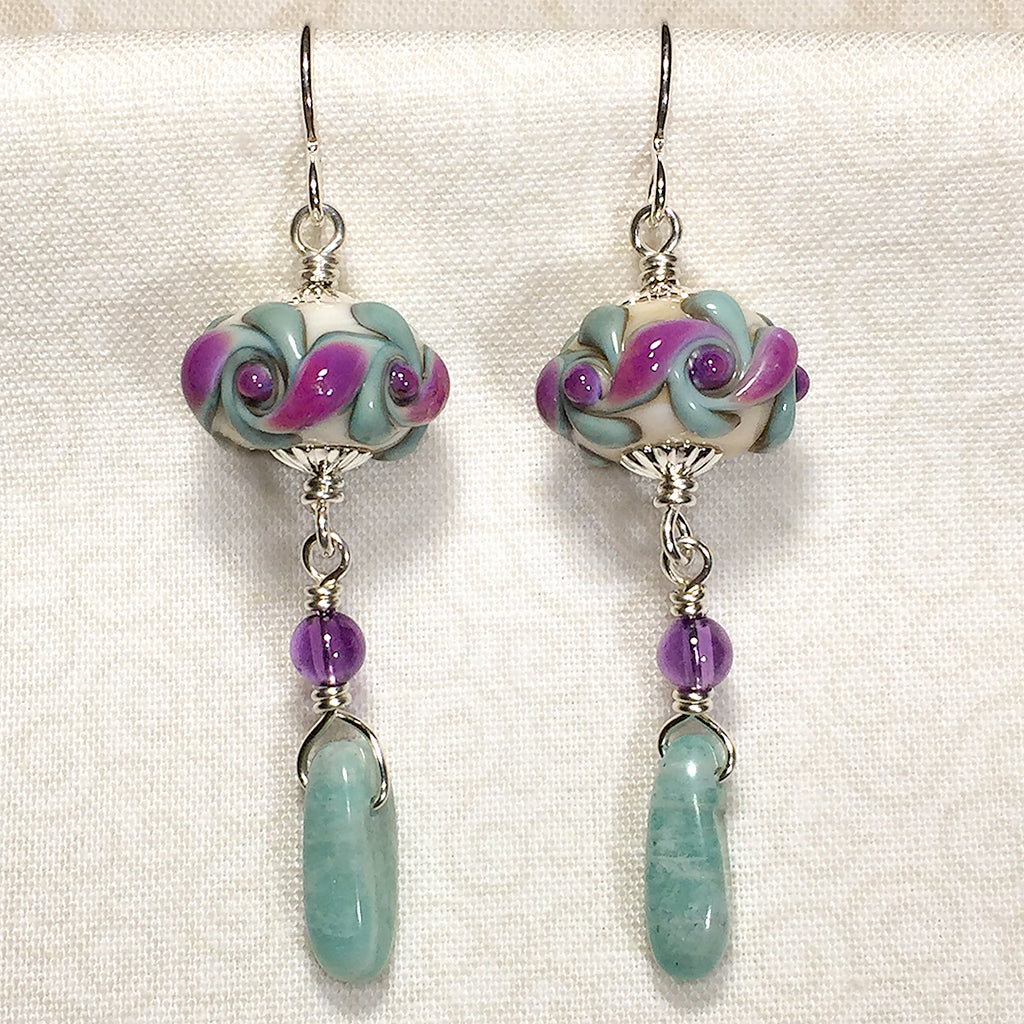 Sterling earrings with purple and aqua vortex pattern art glass beads, amethyst, and amazonite